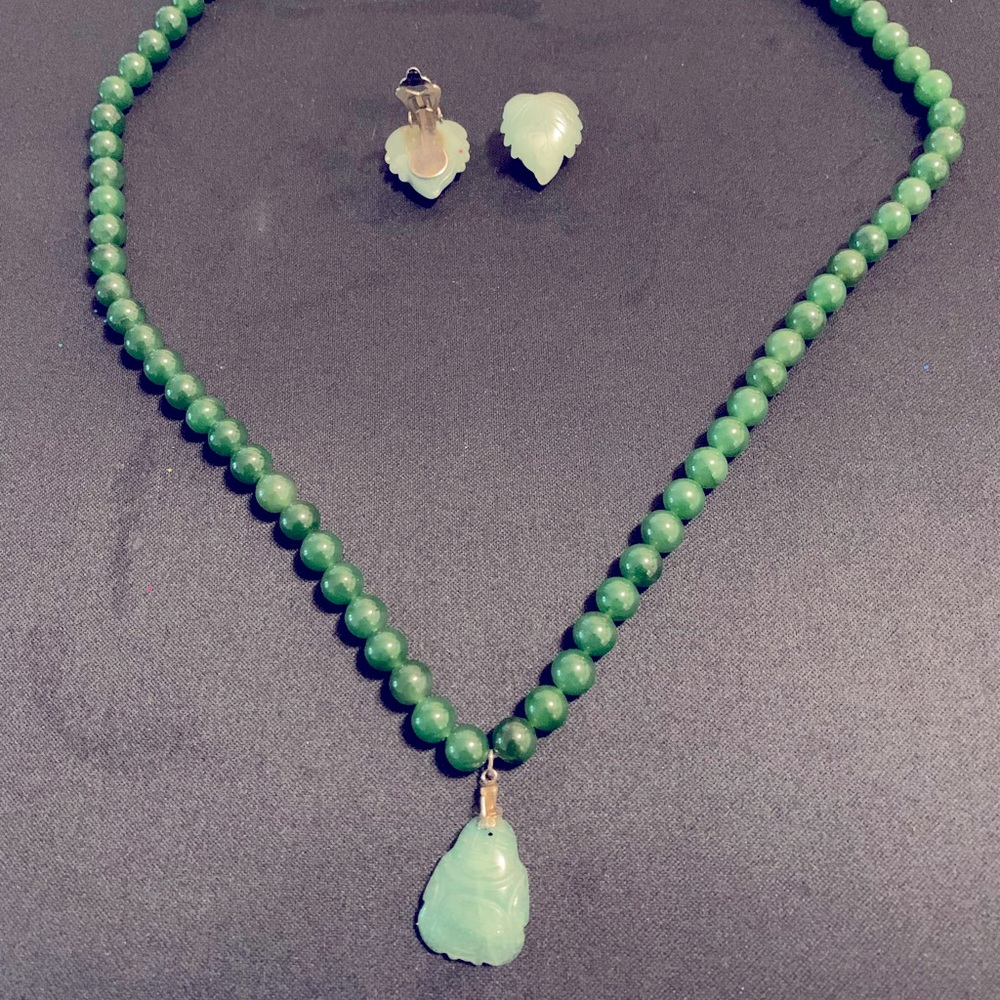 12kt GF Natural Hatian Jade bead necklace and pendant set with Jade earrings